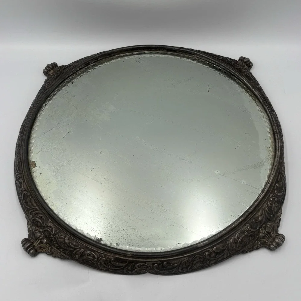 Antique Von Bergh S.P. Co. Beveled Mirror Silver‎ Plated Repousse Vanity Plateau